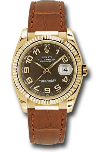 Rolex Yellow Gold Datejust 36 Watch - Fluted Bezel - Brown Arabic Dial - Brown Leather - 116138