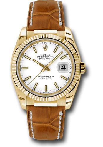 Rolex Yellow Gold Datejust 36 Watch - Fluted Bezel - White Index Dial - Brown Leather - 116138
