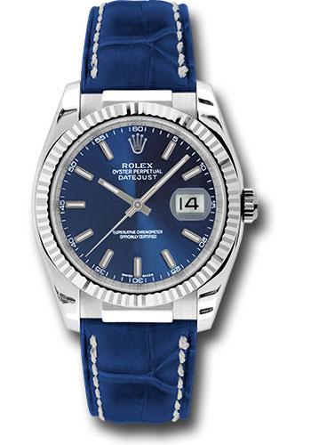 Rolex White Gold Datejust 36 Watch - Fluted Bezel - Blue Index Dial - Blue Leather - 116139