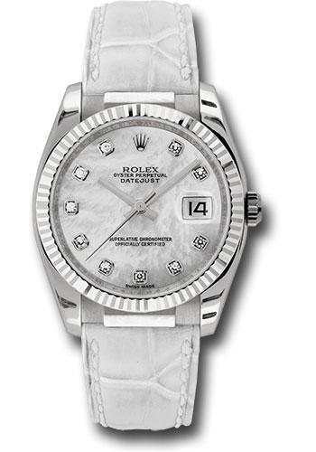 Rolex White Gold Datejust 36 Watch - Fluted Bezel - Mother-Of-Pearl Diamond Dial - Leather - 116139