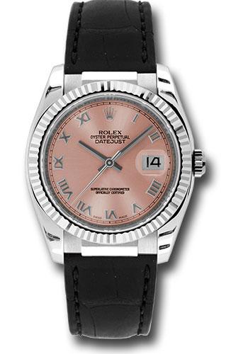 Rolex White Gold Datejust 36 Watch - Fluted Bezel - Pink Roman Dial - Black Leather - 116139