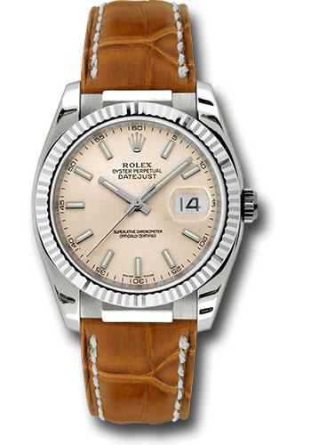 Rolex White Gold Datejust 36 Watch - Fluted Bezel - Pink Index Dial - Brown Leather - 116139