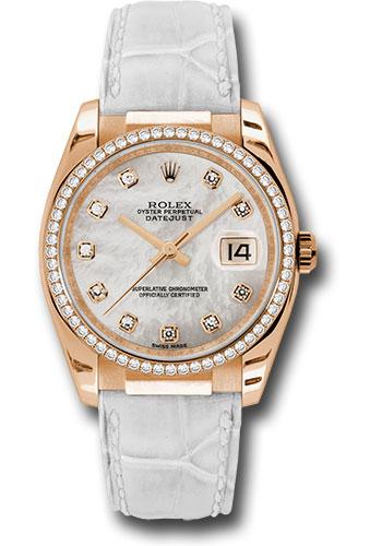 Rolex Pink Gold Datejust 36 Watch - 60 Diamond Bezel - Mother-Of-Pearl Diamond Dial - White Leather - 116185
