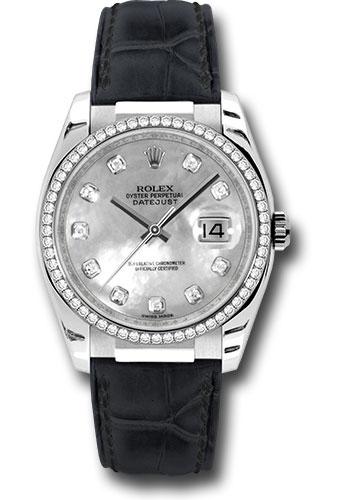 Rolex White Gold Datejust 36 Watch - 60 Diamond Bezel - Mother-Of-Pearl Diamond Dial - Leather - 116189