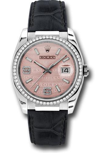 Rolex White Gold Datejust 36 Watch - 60 Diamond Bezel - Pink Wave Diamond 6 And 9 Arabic Dial - Leather - 116189