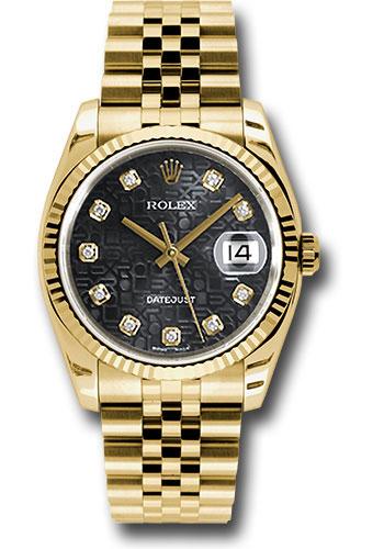 Rolex Yellow Gold Datejust 36 Watch - Fluted Bezel - Black Jubilee Diamond Dial - Jubilee Bracelet - 116238