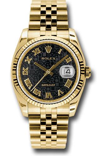 Rolex Yellow Gold Datejust 36 Watch - Fluted Bezel - Black Jubilee Roman Dial - Jubilee Bracelet - 116238