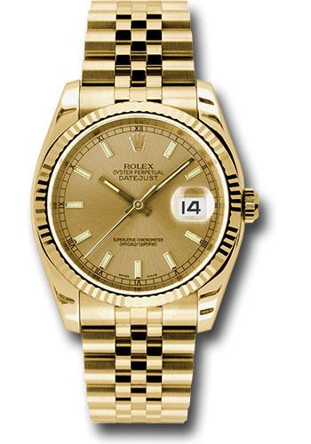 Rolex Yellow Gold Datejust 36 Watch - Fluted Bezel - Champagne Index Dial - Jubilee Bracelet - 116238