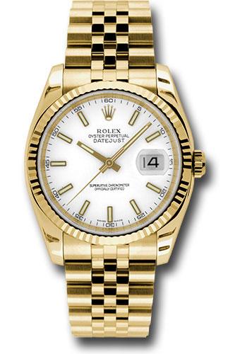 Rolex Yellow Gold Datejust 36 Watch - Fluted Bezel - White Index Dial - Jubilee Bracelet - 116238