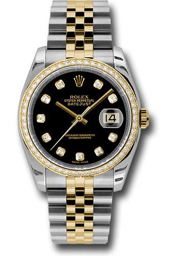 Rolex Steel and Yellow Gold Rolesor Datejust 36 Watch - 52 Brilliant-Cut Diamond Bezel - Black Diamond Dial - Jubilee Bracelet - 116243