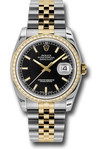Rolex Steel and Yellow Gold Rolesor Datejust 36 Watch - 52 Brilliant-Cut Diamond Bezel - Black Index Dial - Jubilee Bracelet - 116243