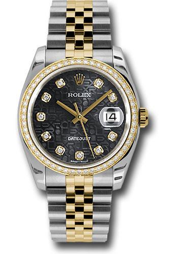 Rolex Steel and Yellow Gold Rolesor Datejust 36 Watch - 52 Brilliant-Cut Diamond Bezel - Black Jubilee Diamond Dial - Jubilee Bracelet - 116243
