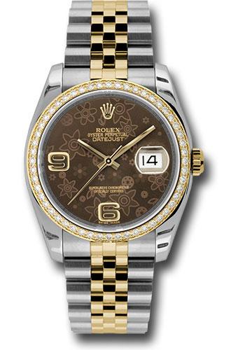 Rolex Steel and Yellow Gold Rolesor Datejust 36 Watch - 52 Brilliant-Cut Diamond Bezel - Brown Floral Arabic Dial - Jubilee Bracelet - 116243