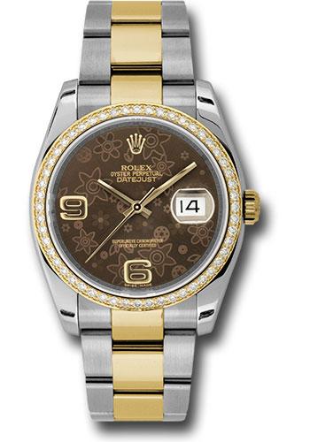 Rolex Steel and Yellow Gold Rolesor Datejust 36 Watch - 52 Diamond Bezel - Brown Floral Arabic Dial - Oyster Bracelet - 116243
