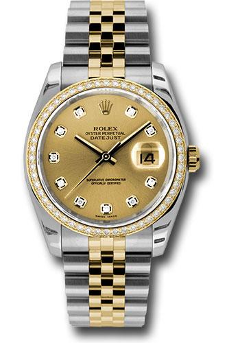 Rolex Steel and Yellow Gold Rolesor Datejust 36 Watch - 52 Brilliant-Cut Diamond Bezel - Champagne Diamond Dial - Jubilee Bracelet - 116243