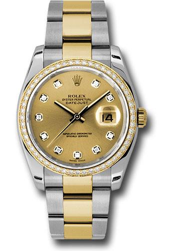 Rolex Steel and Yellow Gold Rolesor Datejust 36 Watch - 52 Diamond Bezel - Champagne Diamond Dial - Oyster Bracelet - 116243