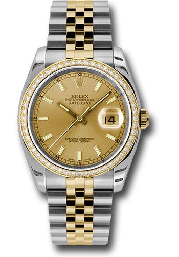 Rolex Steel and Yellow Gold Rolesor Datejust 36 Watch - 52 Brilliant-Cut Diamond Bezel - Champagne Index Dial - Jubilee Bracelet - 116243