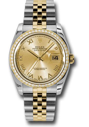 Rolex Steel and Yellow Gold Rolesor Datejust 36 Watch - 52 Brilliant-Cut Diamond Bezel - Champagne Roman Dial - Jubilee Bracelet - 116243