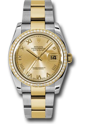 Rolex Steel and Yellow Gold Rolesor Datejust 36 Watch - 52 Diamond Bezel - Champagne Roman Dial - Oyster Bracelet - 116243