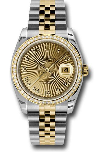 Rolex Steel and Yellow Gold Rolesor Datejust 36 Watch - 52 Brilliant-Cut Diamond Bezel - Champagne Sunbeam Roman Dial - Jubilee Bracelet - 116243