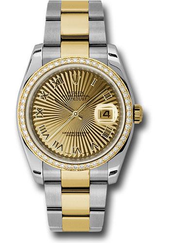 Rolex Steel and Yellow Gold Rolesor Datejust 36 Watch - 52 Diamond Bezel - Champagne Sunbeam Roman Dial - Oyster Bracelet - 116243
