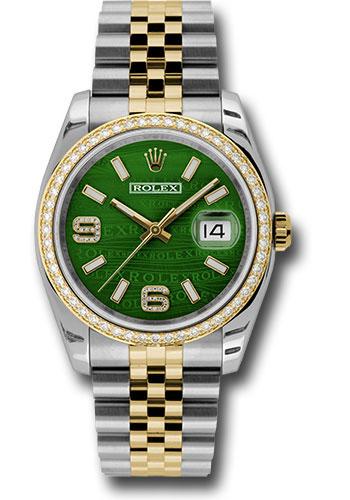 Rolex Steel and Yellow Gold Rolesor Datejust 36 Watch - 52 Brilliant-Cut Diamond Bezel - Green Wave Diamond Arabic 6 And 9 Dial - Jubilee Bracelet - 116243