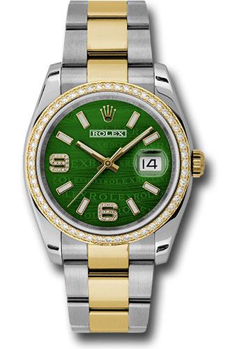 Rolex Steel and Yellow Gold Rolesor Datejust 36 Watch - 52 Diamond Bezel - Green Wave Diamond Arabic 6 And 9 Dial - Oyster Bracelet - 116243