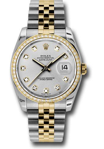 Rolex Steel and Yellow Gold Rolesor Datejust 36 Watch - 52 Brilliant-Cut Diamond Bezel - Silver Diamond Dial - Jubilee Bracelet - 116243