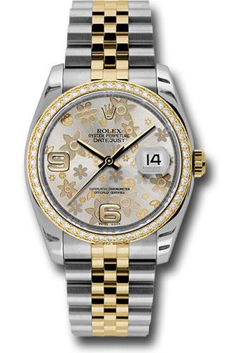 Rolex Steel and Yellow Gold Rolesor Datejust 36 Watch - 52 Brilliant-Cut Diamond Bezel - Silver Floral Arabic Dial - Jubilee Bracelet - 116243