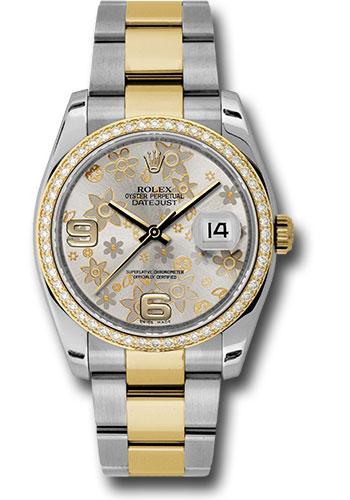 Rolex Steel and Yellow Gold Rolesor Datejust 36 Watch - 52 Diamond Bezel - Silver Floral Arabic Dial - Oyster Bracelet - 116243