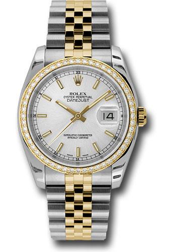 Rolex Steel and Yellow Gold Rolesor Datejust 36 Watch - 52 Brilliant-Cut Diamond Bezel - Silver Index Dial - Jubilee Bracelet - 116243