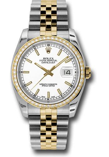 Rolex Steel and Yellow Gold Rolesor Datejust 36 Watch - 52 Brilliant-Cut Diamond Bezel - White Index Dial - Jubilee Bracelet - 116243