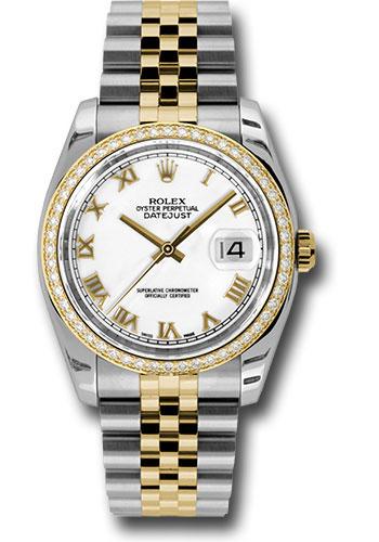 Rolex Steel and Yellow Gold Rolesor Datejust 36 Watch - 52 Brilliant-Cut Diamond Bezel - White Roman Dial - Jubilee Bracelet - 116243