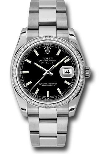 Rolex Steel and White Gold Datejust 36 Watch - 52 Diamond Bezel - Black Index Dial - Oyster Bracelet - 116244