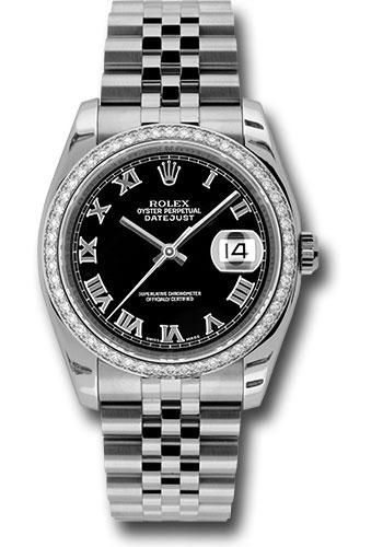 Rolex Steel and White Gold Datejust 36 Watch - 52 Diamond Bezel - Black Roman Dial - Jubilee Bracelet - 116244