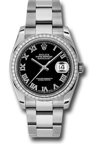 Rolex Steel and White Gold Datejust 36 Watch - 52 Diamond Bezel - Black Roman Dial - Oyster Bracelet - 116244