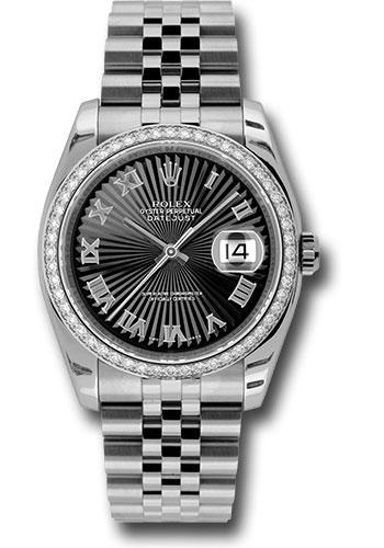 Rolex Steel and White Gold Datejust 36 Watch - 52 Diamond Bezel - Black Sunbeam Roman Dial - Jubilee Bracelet - 116244