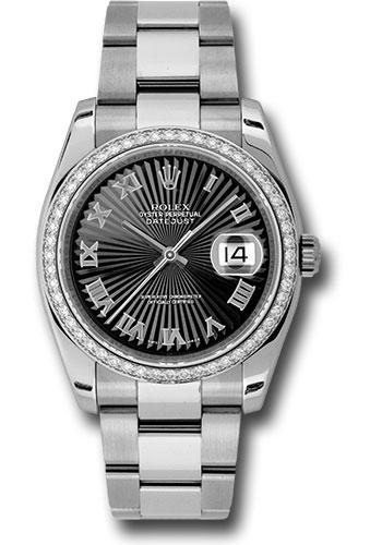 Rolex Steel and White Gold Datejust 36 Watch - 52 Diamond Bezel - Black Sunbeam Roman Dial - Oyster Bracelet - 116244