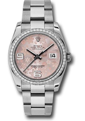 Rolex Steel and White Gold Datejust 36 Watch - 52 Diamond Bezel - Pink Floral Arabic Dial - Oyster Bracelet - 116244