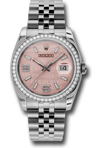 Rolex Steel and White Gold Datejust 36 Watch - 52 Diamond Bezel - Pink Wave Diamond 6 And 9 Arabic Dial - Jubilee Bracelet - 116244
