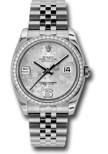 Rolex Steel and White Gold Datejust 36 Watch - 52 Diamond Bezel - Silver Floral Arabic Dial - Jubilee Bracelet - 116244