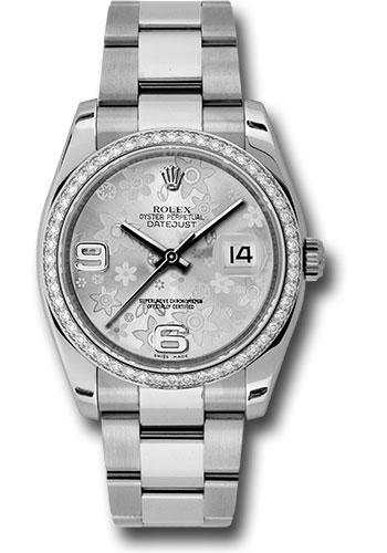 Rolex Steel and White Gold Datejust 36 Watch - 52 Diamond Bezel - Silver Floral Arabic Dial - Oyster Bracelet - 116244