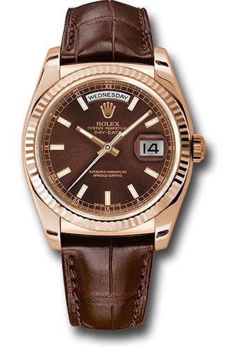 Rolex Everose Gold Day-Date 36 Watch - Fluted Bezel - Chocolate Index Dial - Brown Leather - 118135