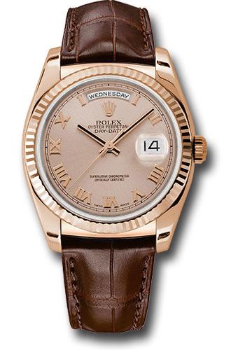 Rolex Everose Gold Day-Date 36 Watch - Fluted Bezel - Pink Roman Dial - Brown Leather - 118135