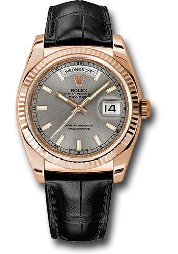 Rolex Everose Gold Day-Date 36 Watch - Fluted Bezel - Rhodium Index Dial - Black Leather - 118135