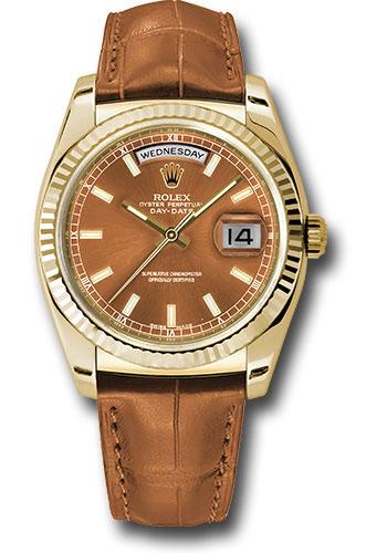 Rolex Yellow Gold Day-Date 36 Watch - Fluted Bezel - Cognac Index Dial - Cognac Leather - 118138