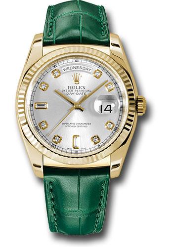 Rolex Yellow Gold Day-Date 36 Watch - Fluted Bezel - Silver Diamond Dial - Green Leather - 118138