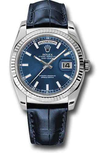 Rolex White Gold Day-Date 36 Watch - Fluted Bezel - Blue Index Dial - Blue Leather - 118139