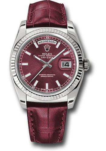Rolex White Gold Day-Date 36 Watch - Fluted Bezel - Cherry Index Dial - Cherry Leather - 118139