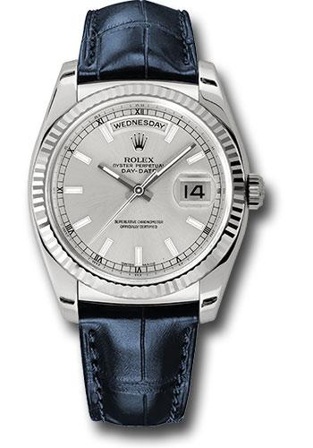 Rolex White Gold Day-Date 36 Watch - Fluted Bezel - Silver Index Dial - Blue Leather - 118139